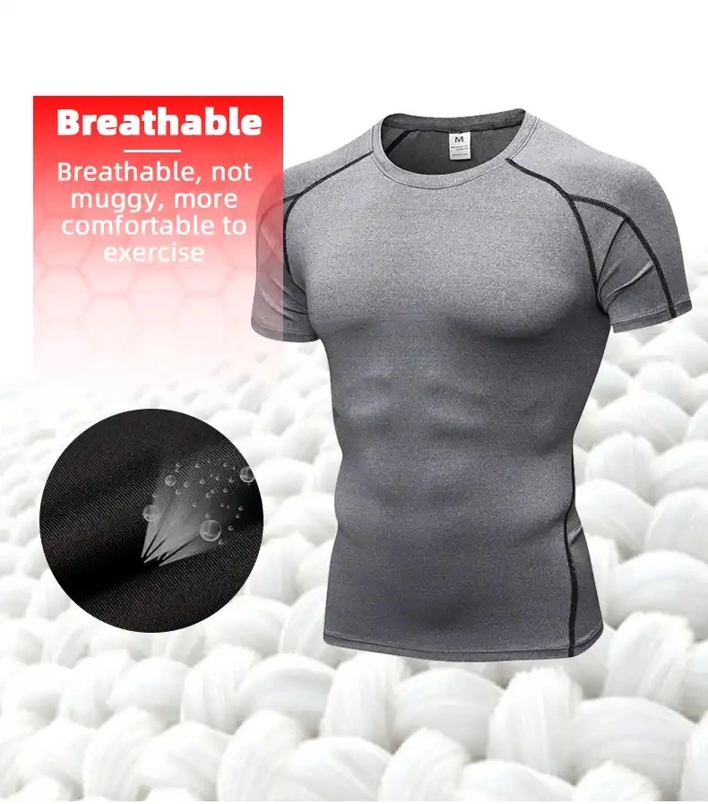 Custom Mens Short Sleeve Muscle Training T Shirts with Stitching Line, Compression Bodybuilding Workout Fitness Tee Slim Fit Active Exercise Boxing Clothing
