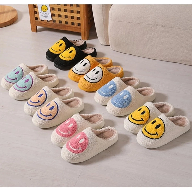 House Smiley Face Shoes Women Kawaii Cartoon Plush Winter Warm Cotton Indoor Funny Cute Fuzzy Floor Home Slippers Female