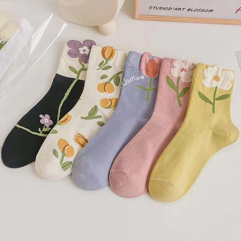 Women Floral Colorful Cotton Custom Design Anti-Slip Daily Happy Fashion Sport Socks
