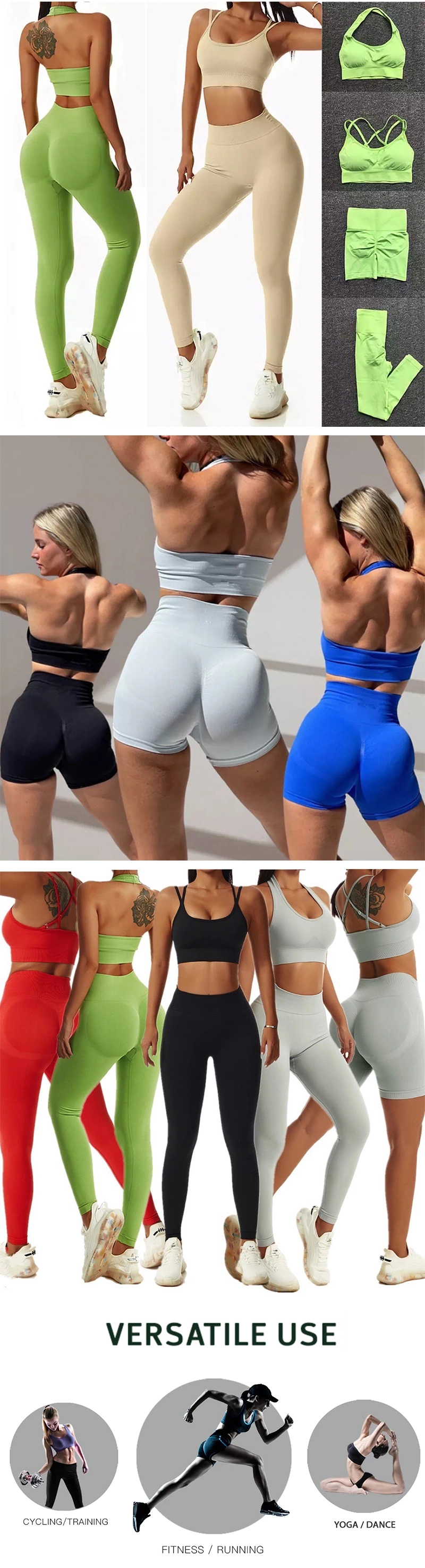 Whoelsale Summer Sports Gym Outfits Active Wear Workout Fitness Clothing for Women, Private Label 2/3/4 PCS Seamless Athletic Apparel Matching Sexy Yoga Sets
