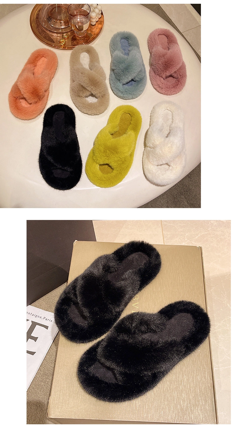 Factory Wholesale Custom Soft Cozy Women Indoor Plush Fuzzy Fur Open Toe Slippers Slides