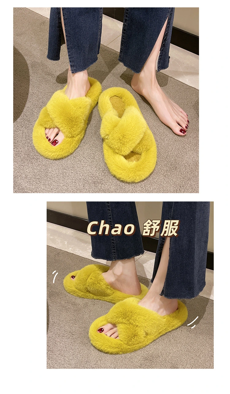Fashion Trend Stylish Women Soft Cozy Plush Fuzzy Fur Lined Open Toe Footwear Slippers Slides